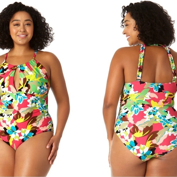 Anne Cole High Neck Key Hole Ruffled Straps One Piece Swimsuit Cabana Pa… - Picture 12 of 15
